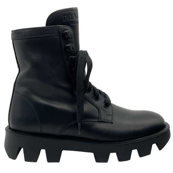 Prada Black Leather Lace Up Combat Boots - Picture 2 of 7